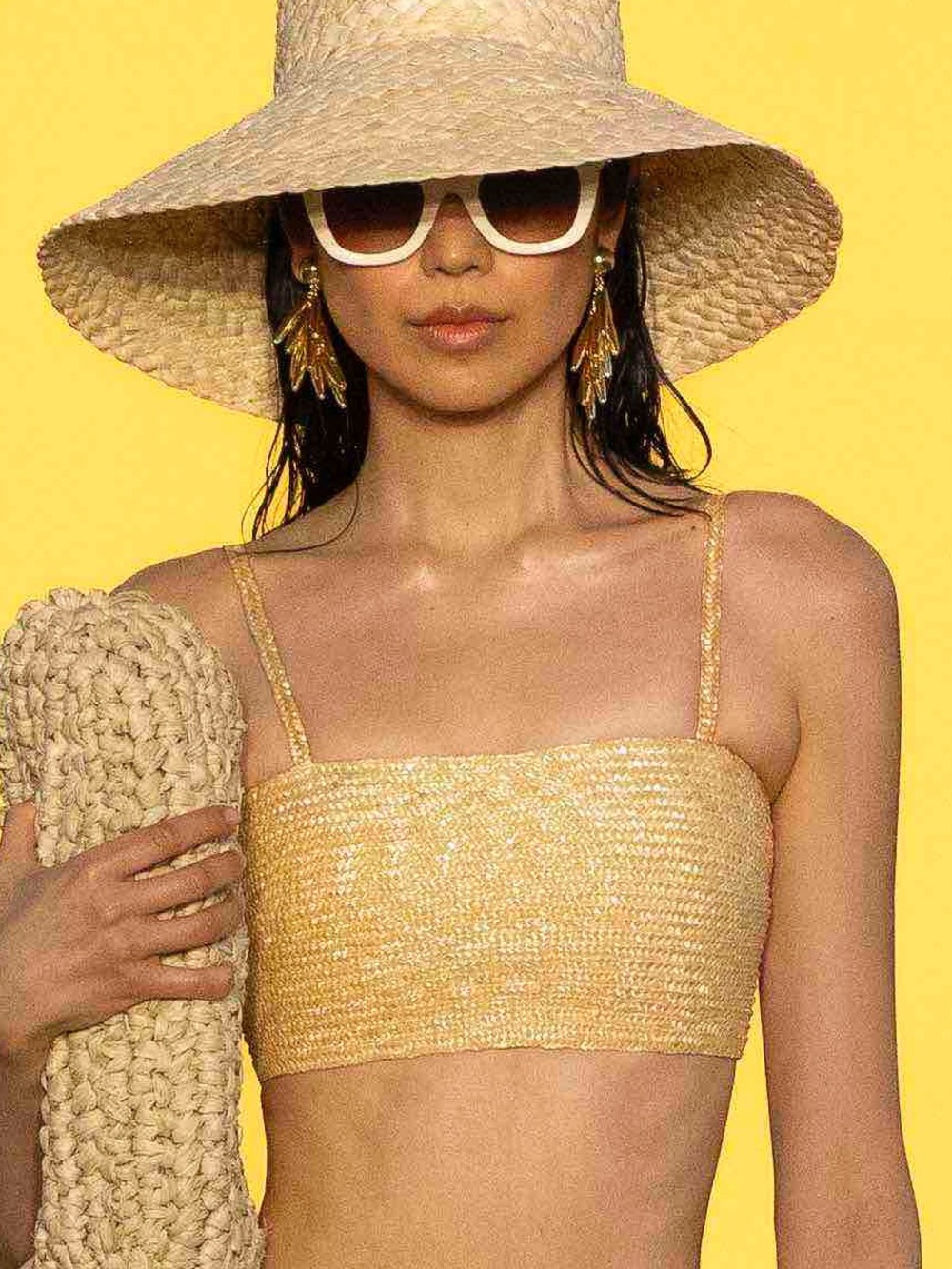 cult gaia yellow straw bandeau crop top